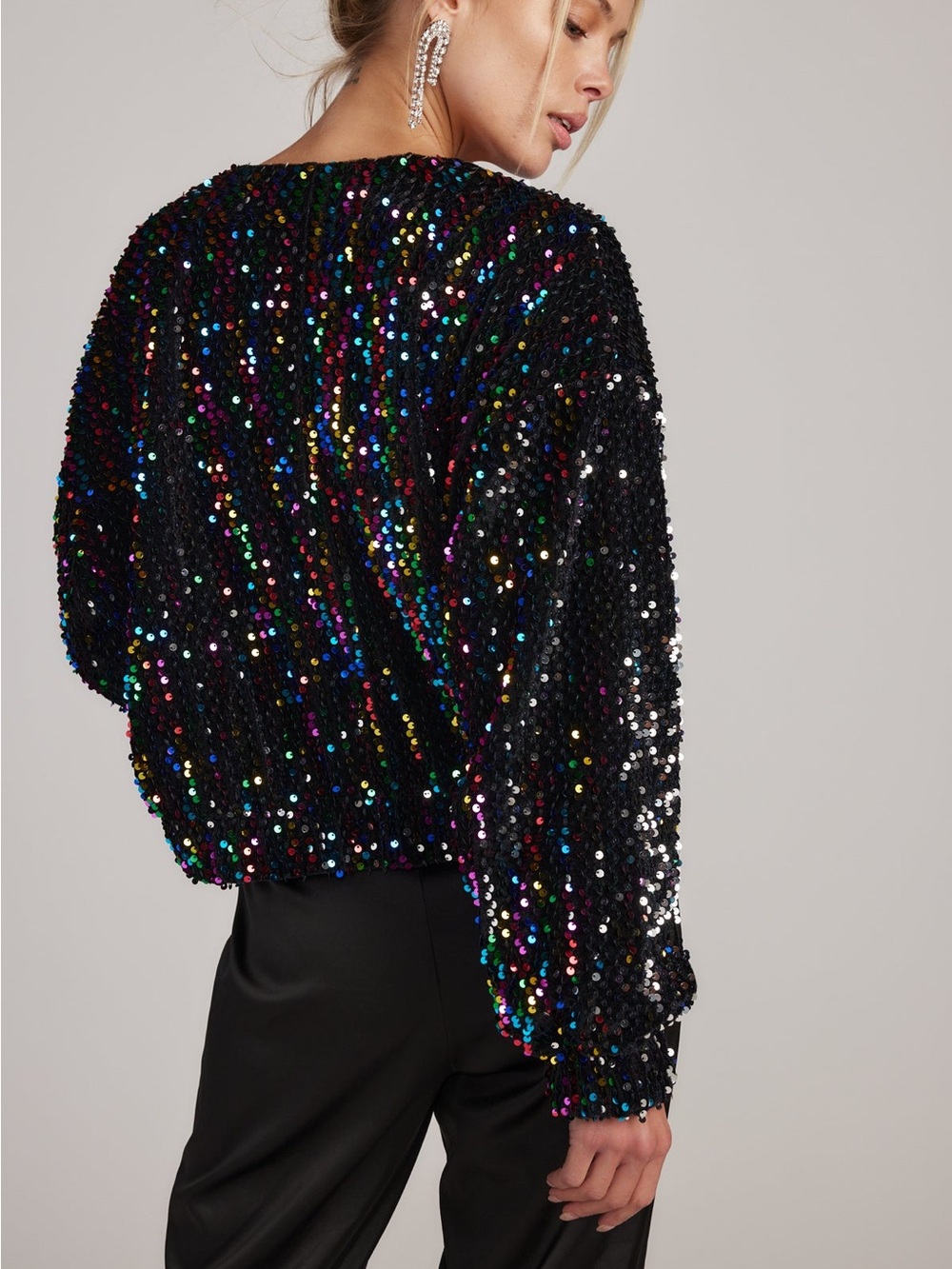 12th Tribe Black Sequin Bomber Jacket with Multicolor Iridescent Accents - Picture 4 of 9